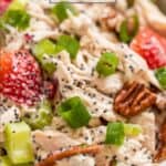 White bowl with strawberry pecan chicken salad with poppy seeds.