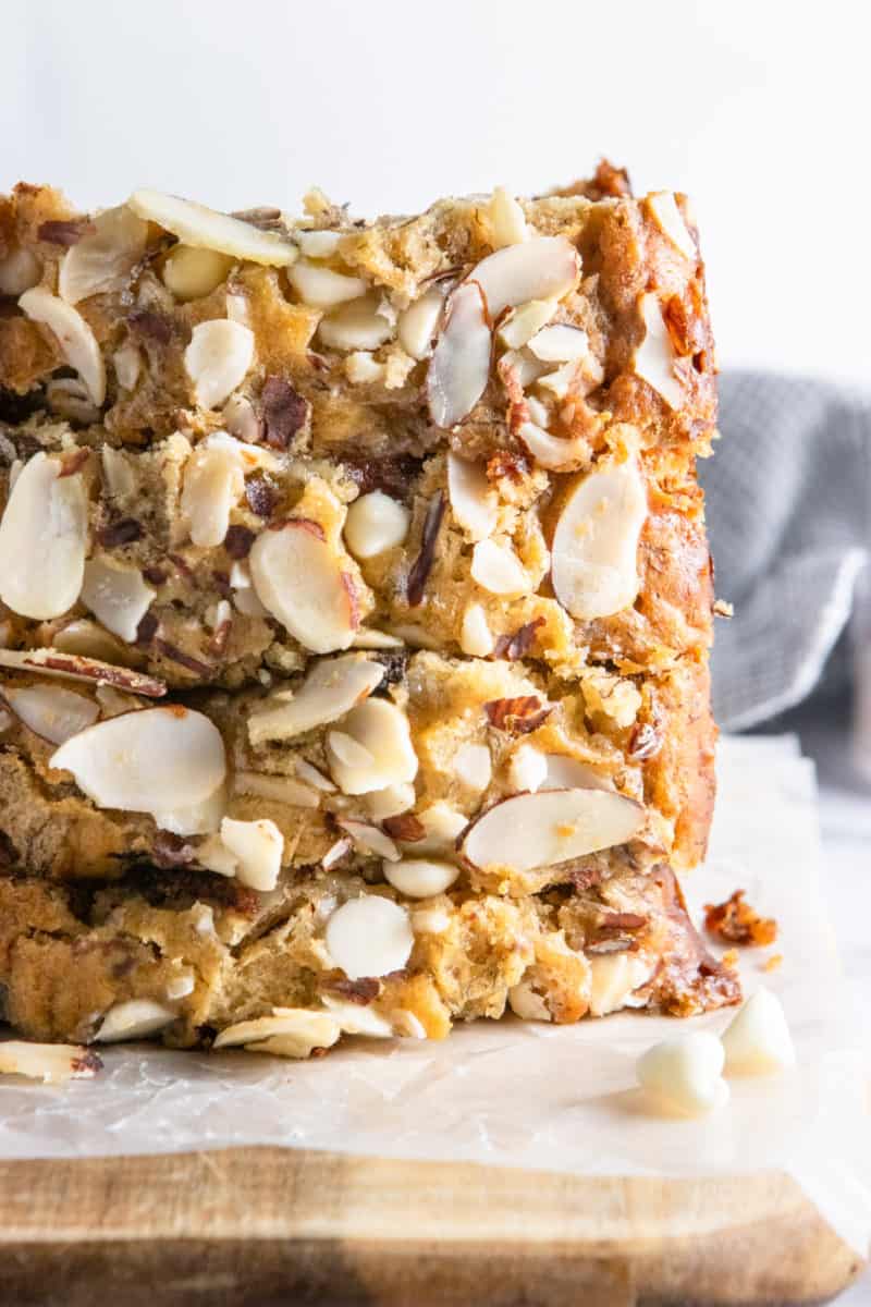 Stack of sliced banana bread with almonds.