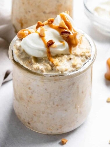 Peanut butter greek yogurt overnight oats in jar.