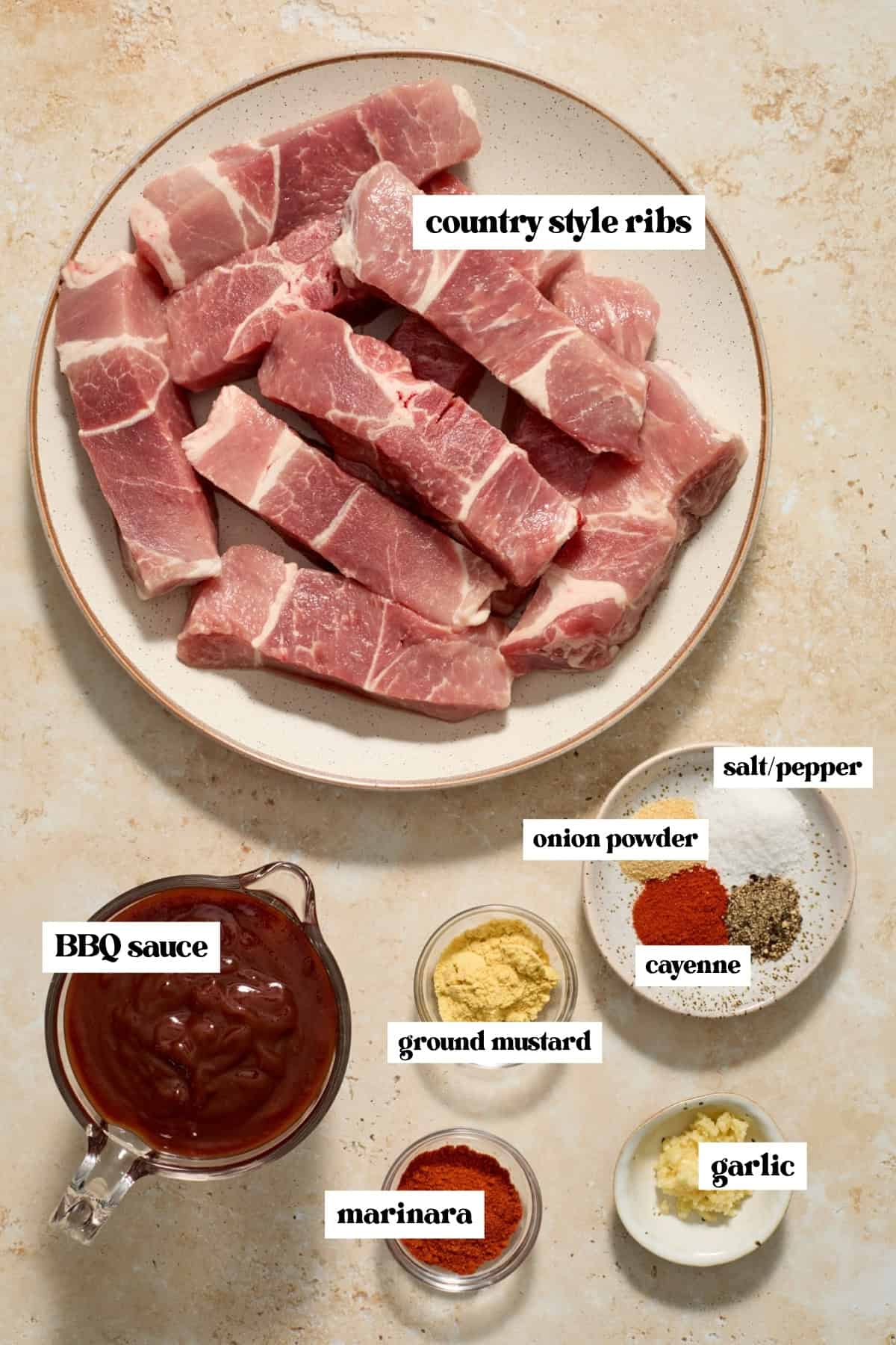 Raw ribs, BBQ sauce, garlic and spices on counter, labeled.