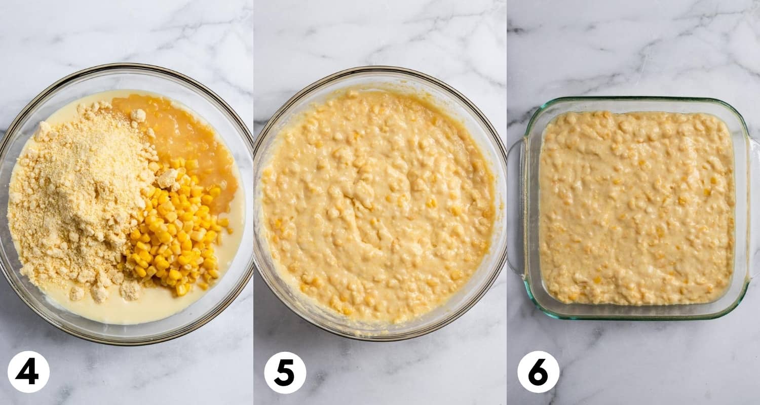 Corn, cornbread mix and creamed corn in bowl.