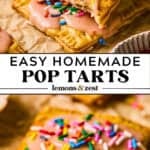 Homemade strawberry pop tarts stacked to show center and then set on parchment paper.