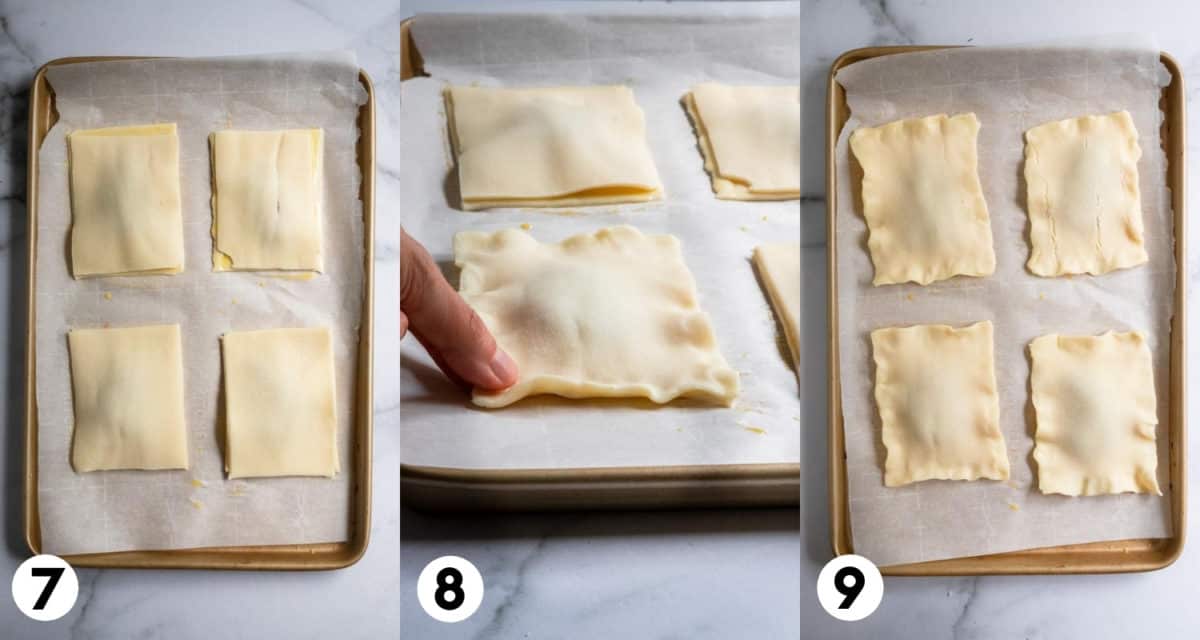 Pie crust in rectangles being pinched together.