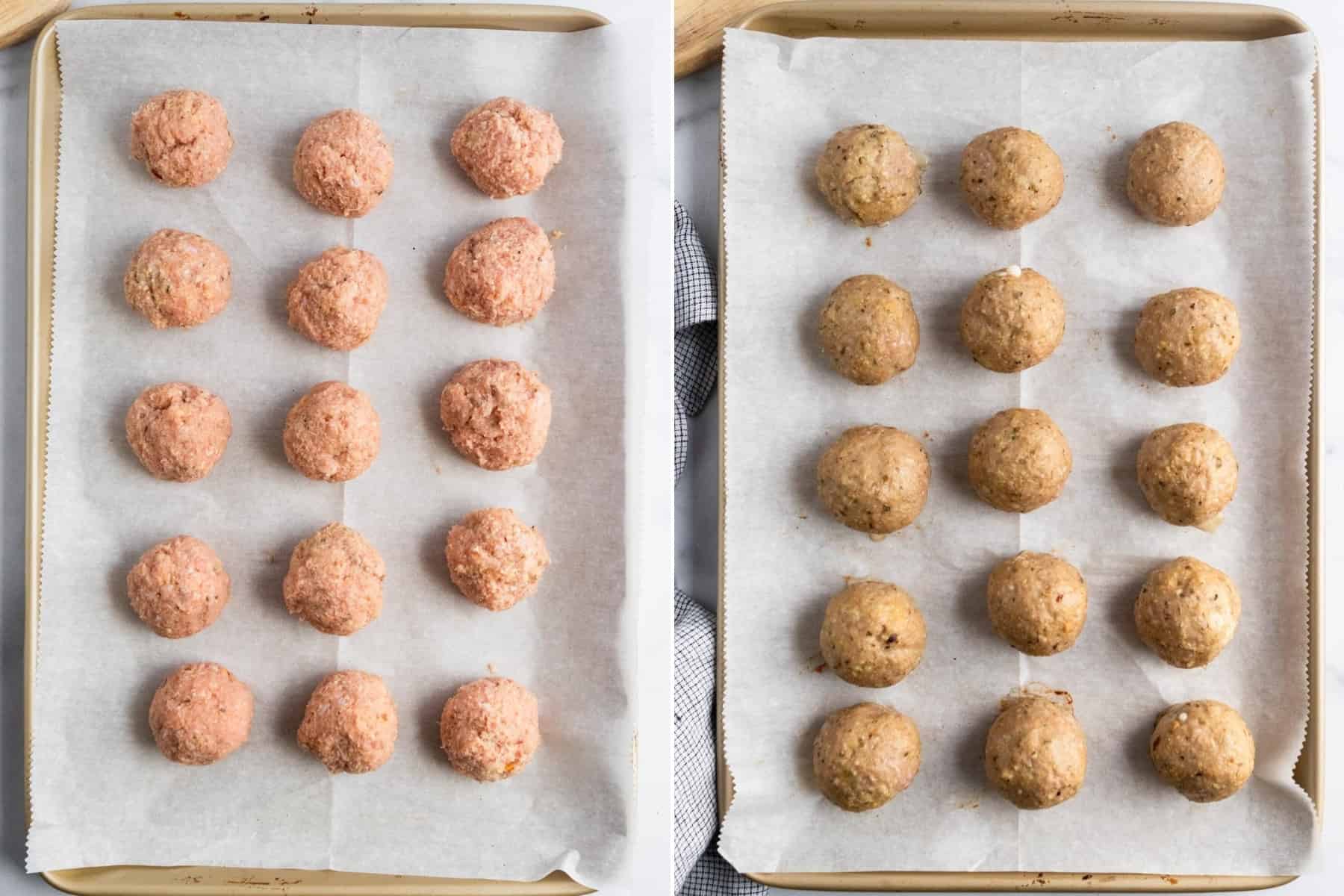 Meatballs lined on baking sheet.