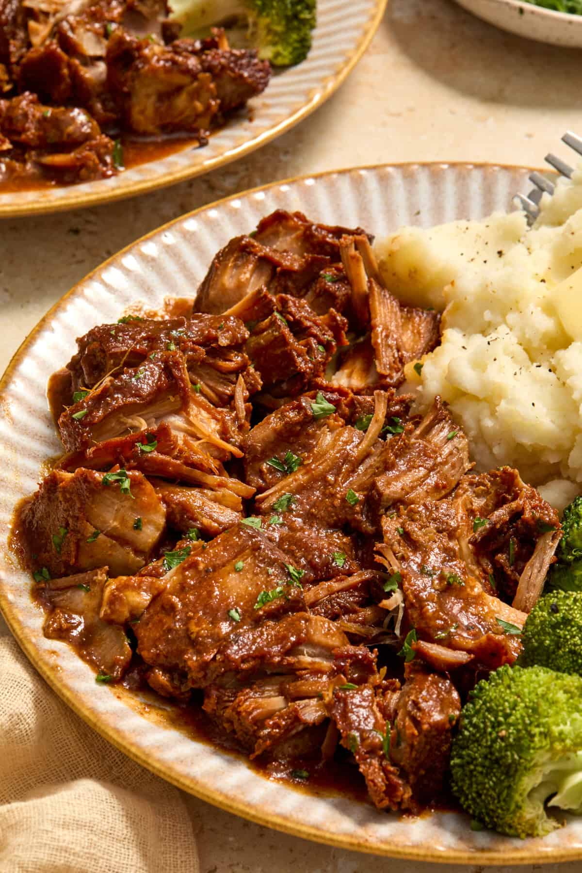 Pulled country style ribs on plate with bbq sauce.