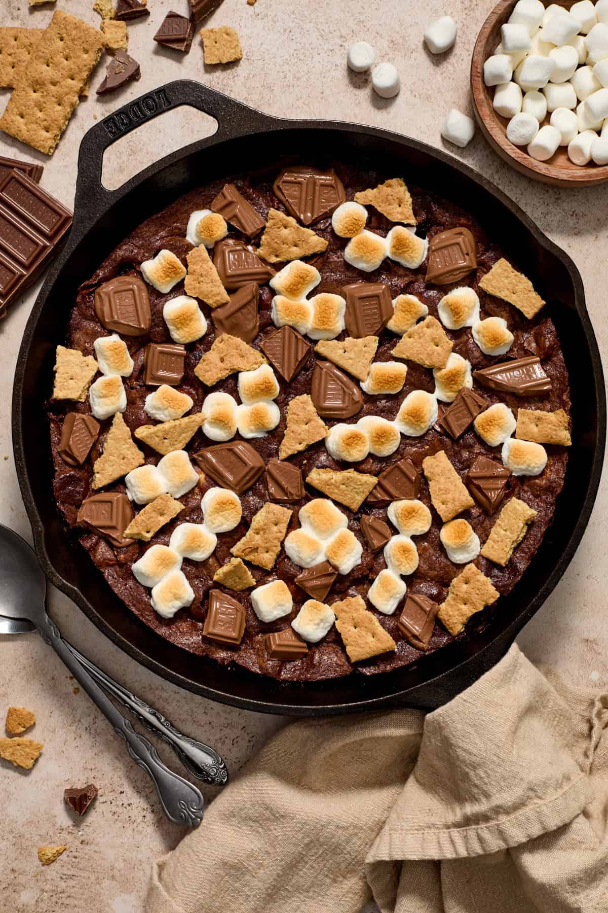 Brownie skillet with s'mores toppings melted over top.