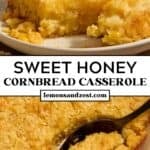 Honey cornbread casserole served on plate with honey and then in pan with serving spoon.
