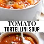 Tomato soup with tortellini in bowl with spoon.