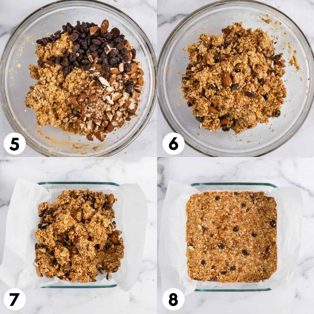 Trail mix bar mixture in bowl and spread in baking pan.