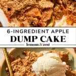 White pan with cake mix apple dump cake and then served on plate with vanilla ice cream.