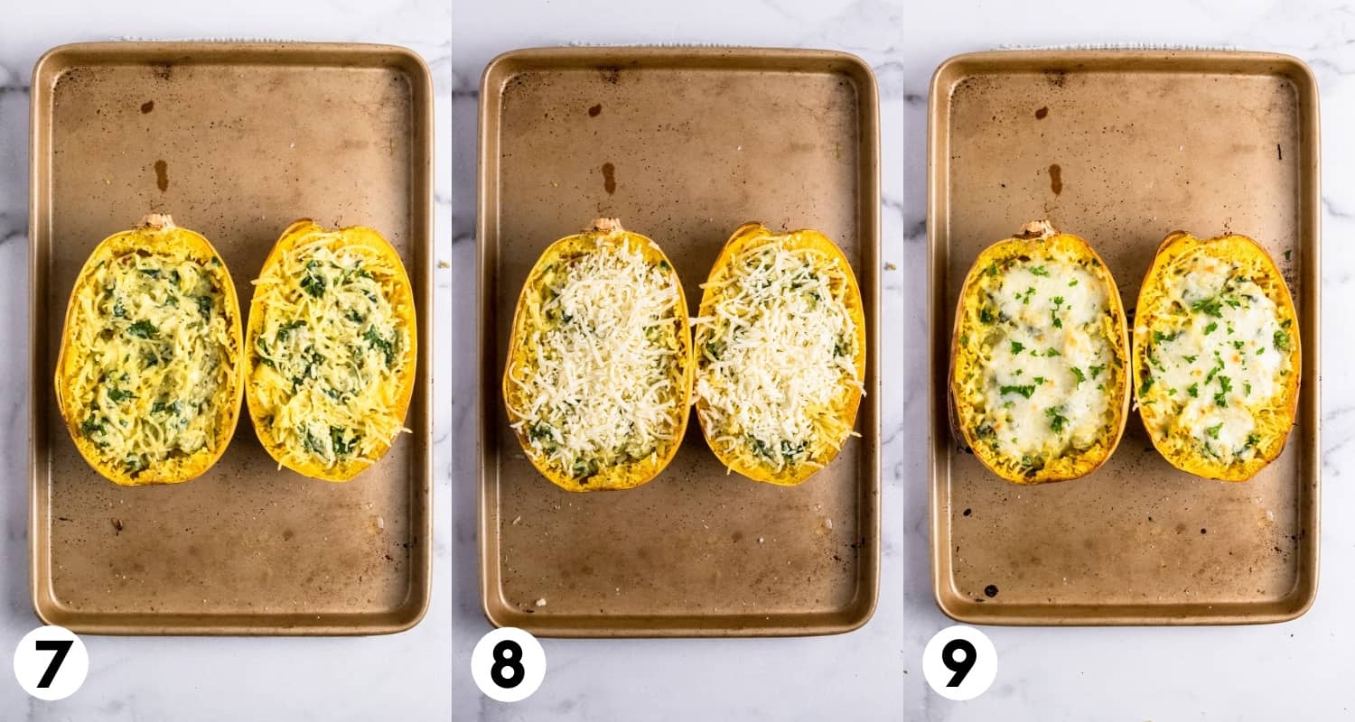 Cheese melted on top of squash on baking pan.