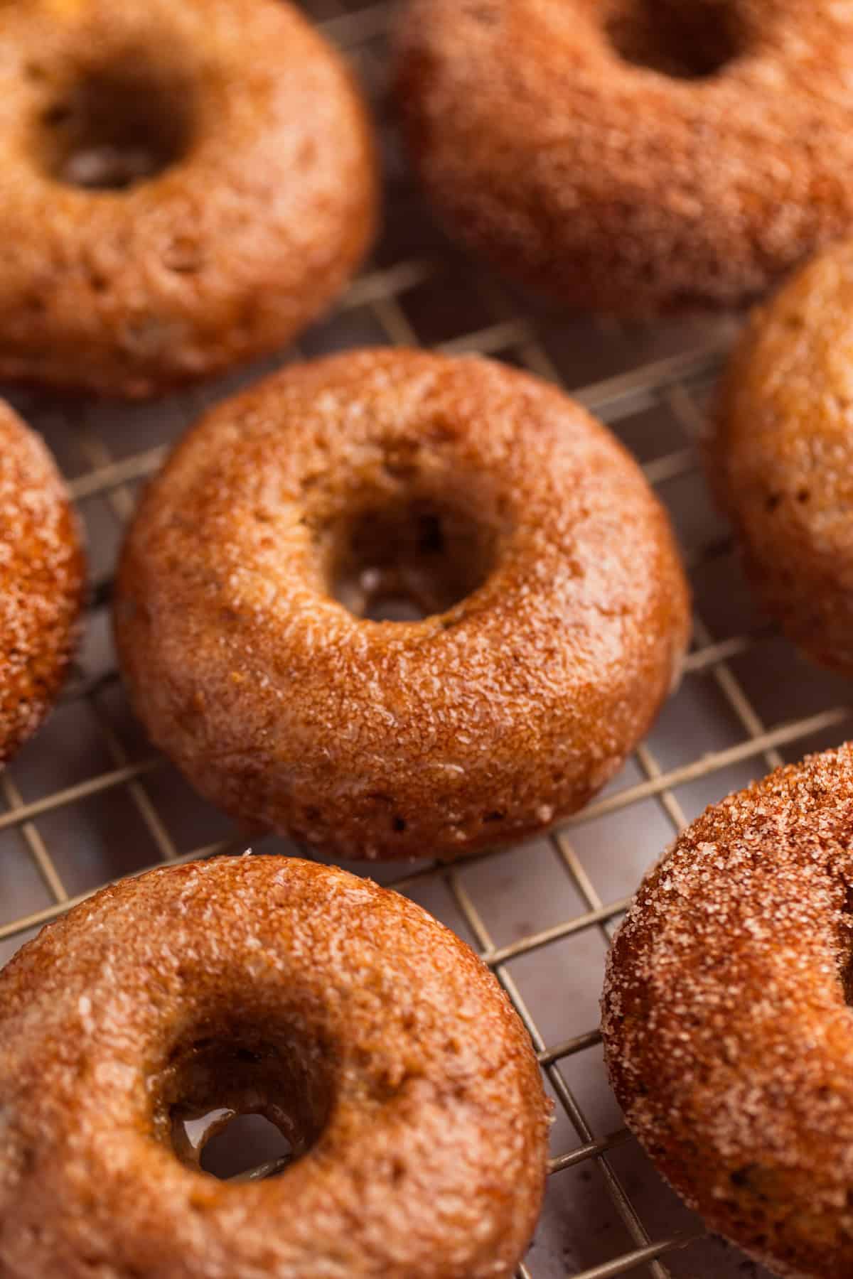 Apple donuts on wire rack.