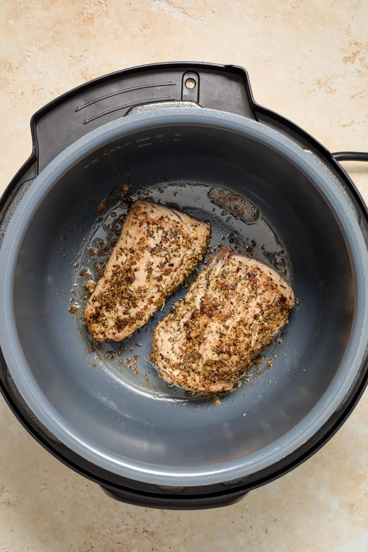 Seared pork tenderloin in Instant pot.