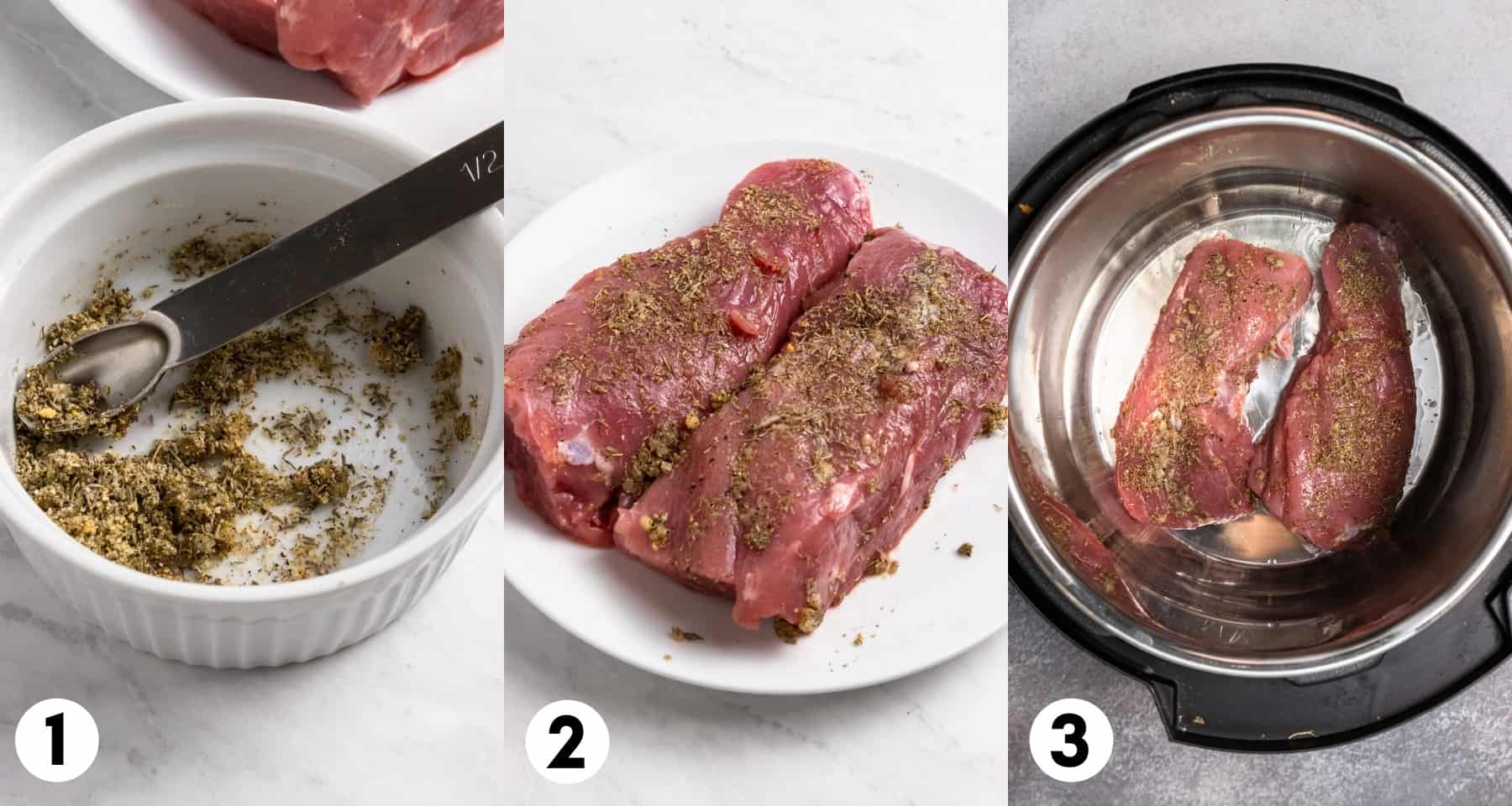 Seasonings and meat in Instant Pot.