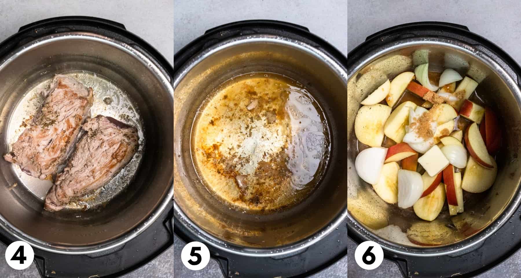 Browned meat in Instant Pot with apples and onions.