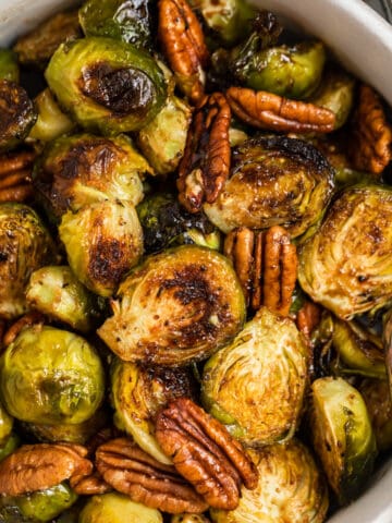 Dish with roasted maple balsamic Brussel sprouts.