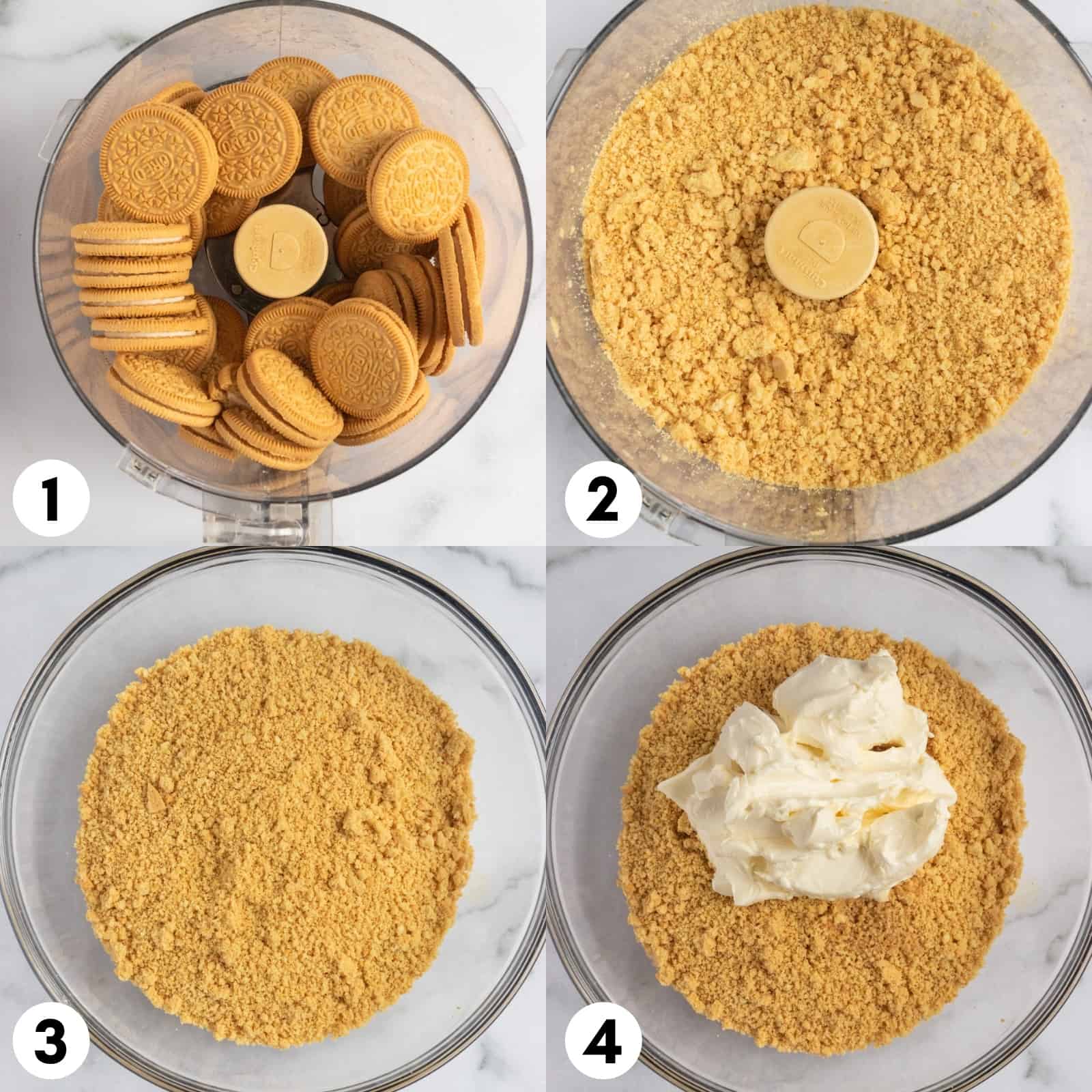 Golden oreos in food processor and then in mixing bowl with cream cheese.