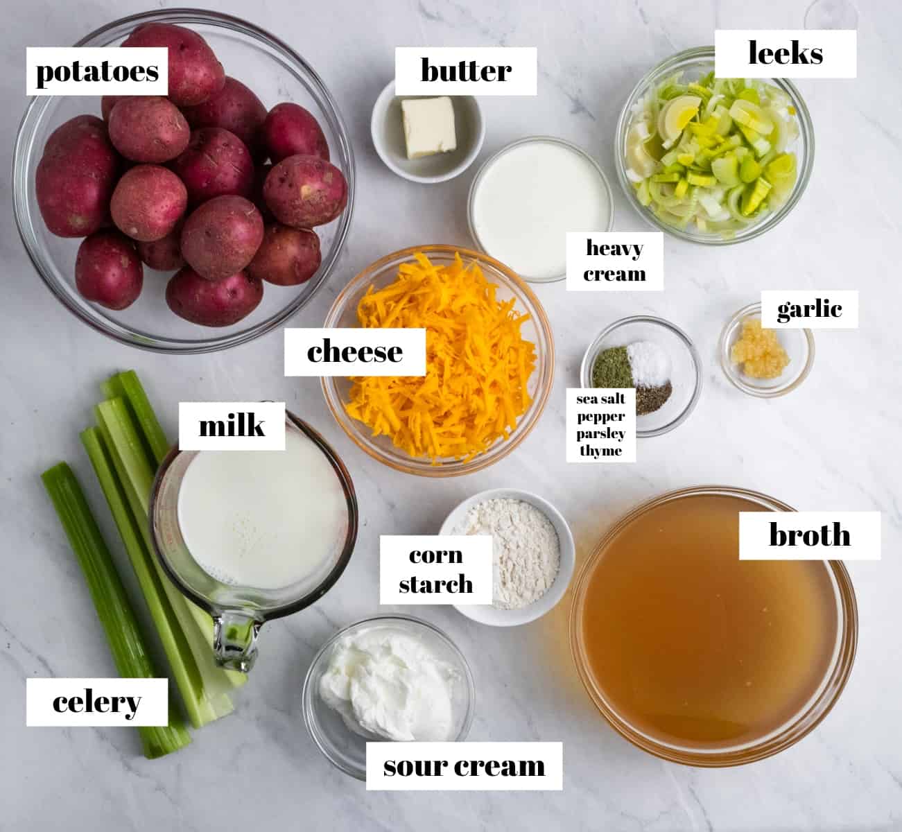 Potatoes, cheese, celery, cream and other soup ingredients labeled.