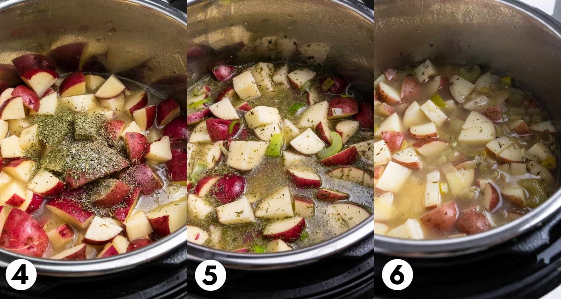 Potatoes in instant pot with broth and seasonings.