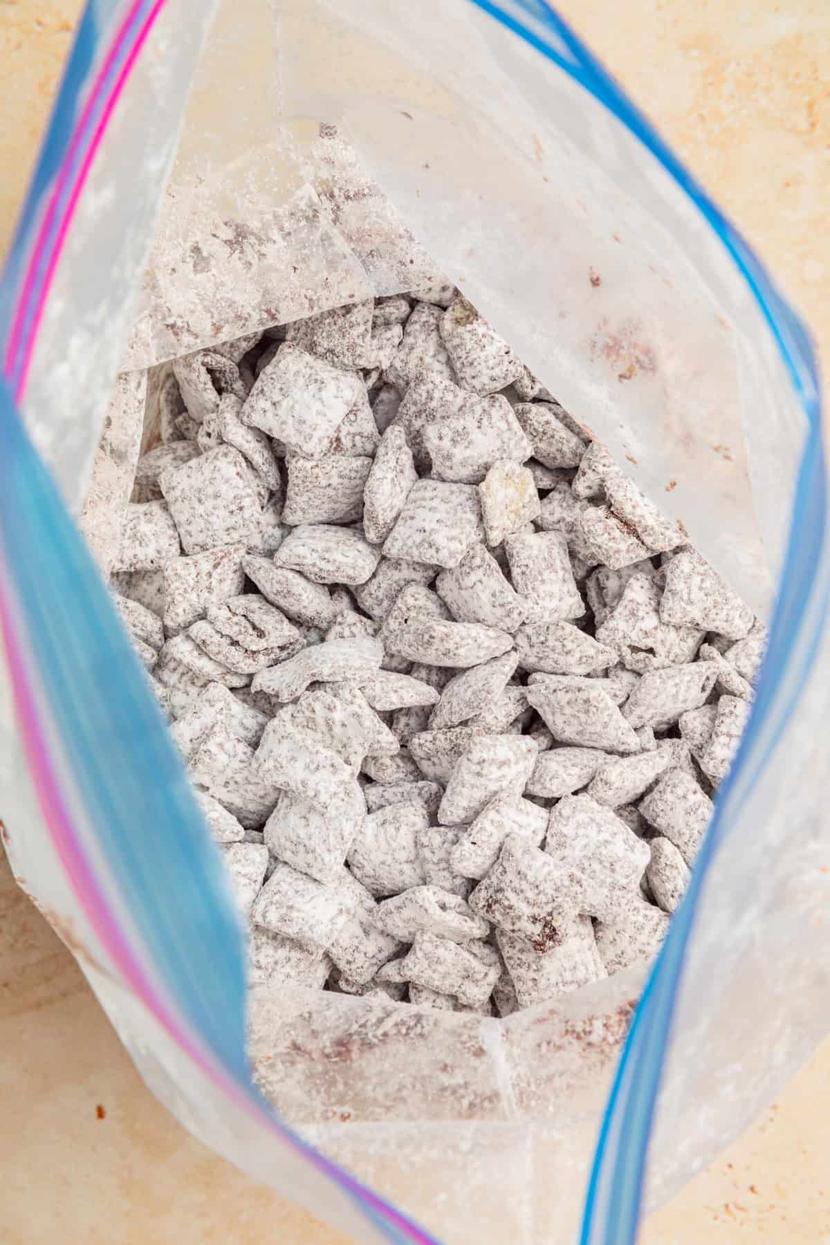 Powdered sugar coated cereal in bag.
