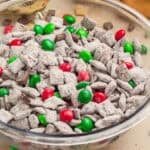 Bowl with holiday mint chocolate puppy chow.