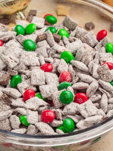 Bowl with holiday mint chocolate puppy chow.
