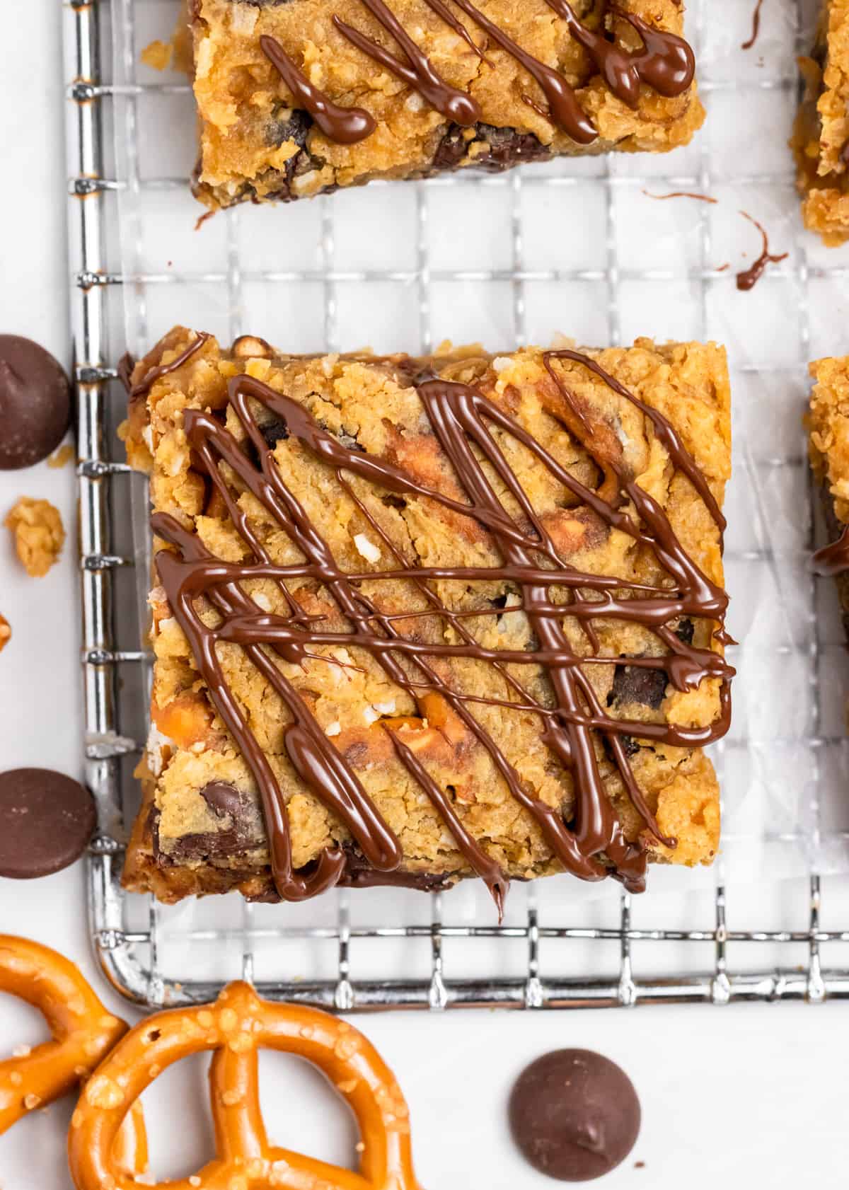 Chickpea blondies with drizzle on wax paper. 