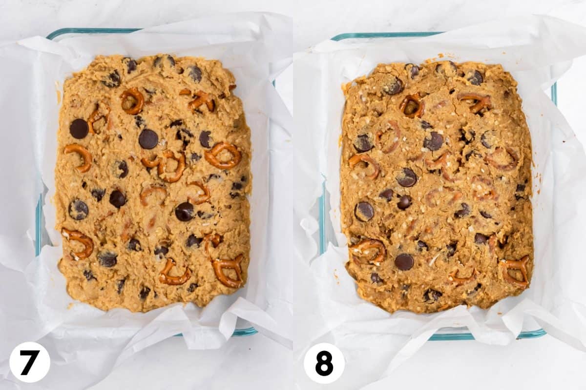 Peanut butter flourless chickpea blondies batter in parchment lined pan before and after baking.