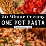 Creamy one pot pasta ingredients in pot before and then after cooking.