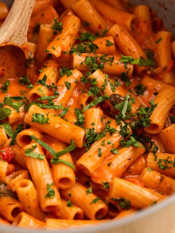Creamy one pot tomato pasta in pot with wooden spoon.