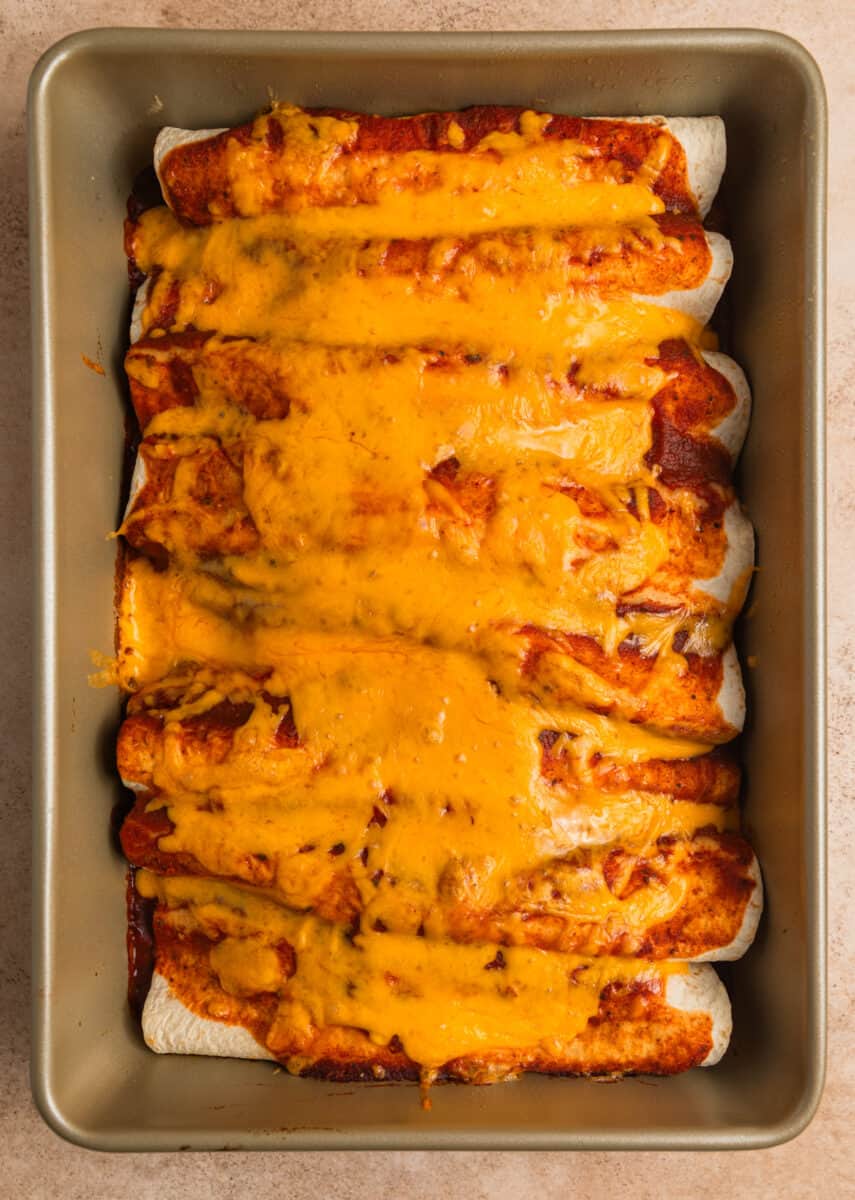 Enchiladas with melted cheese on top in pan.