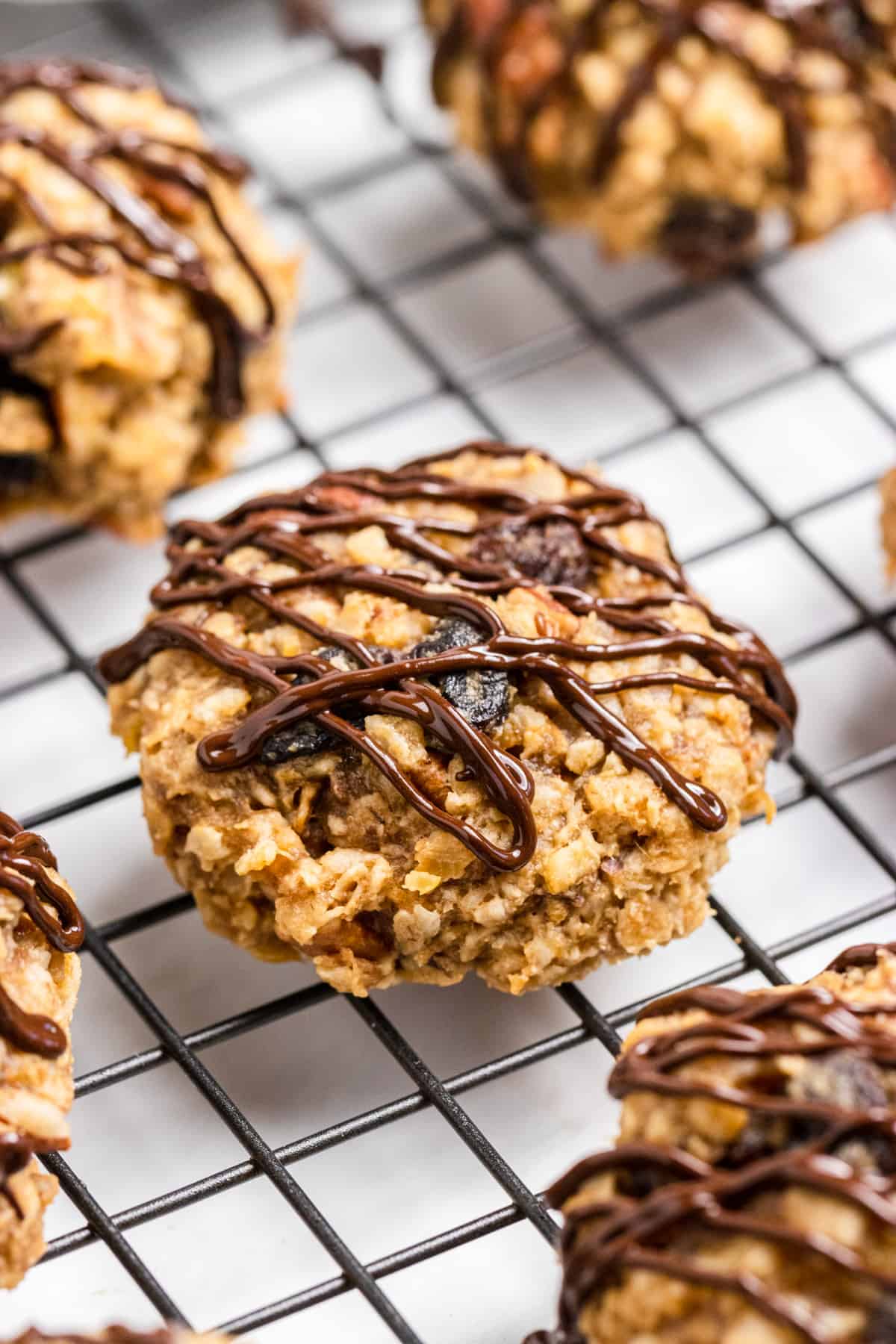 Peanut Butter Banana Oatmeal cookies on cooling rack.