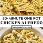 Chicken alfredo in pot with tongs and then served in bowl.