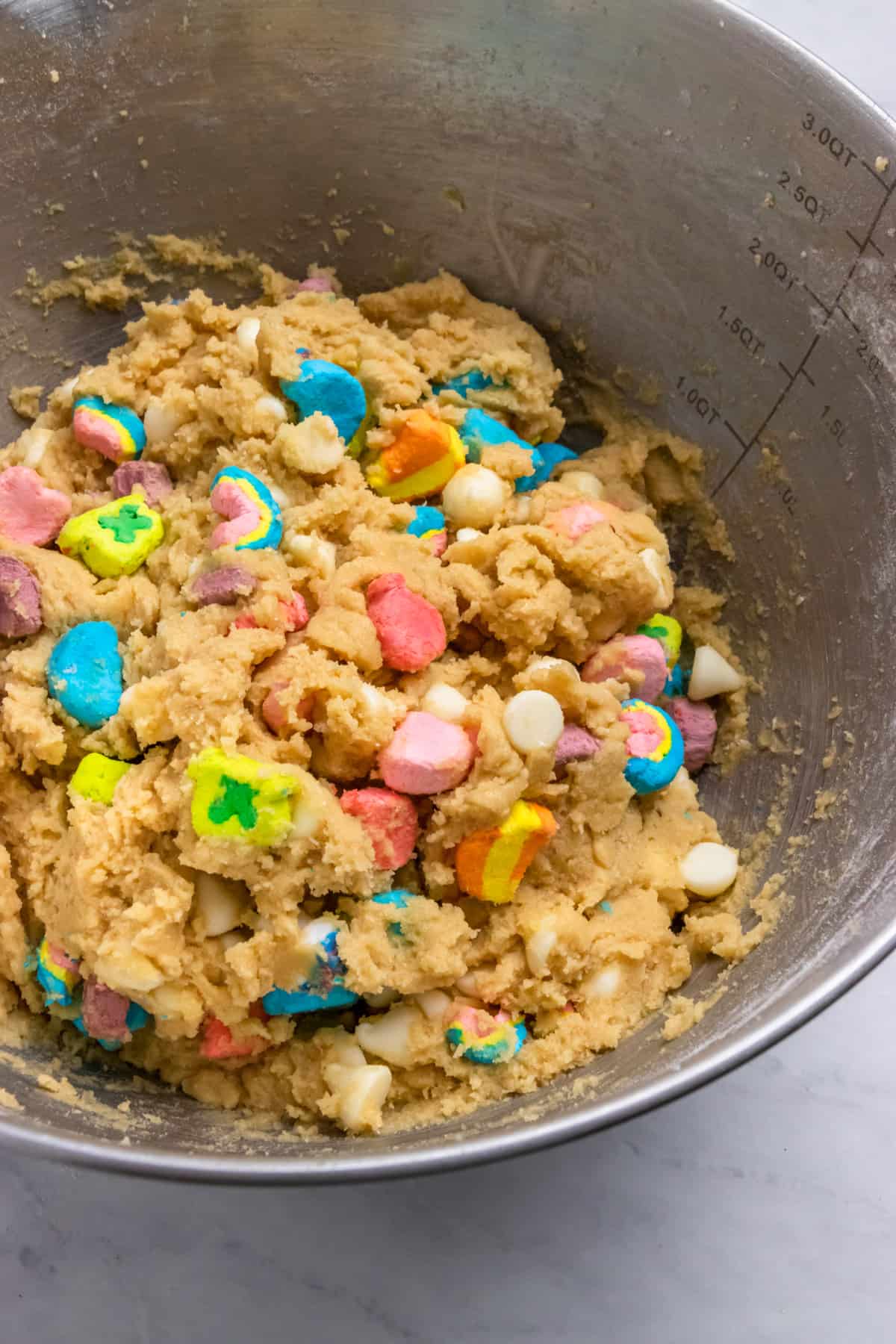 Mixing bowl with lucky charm cookie dough.