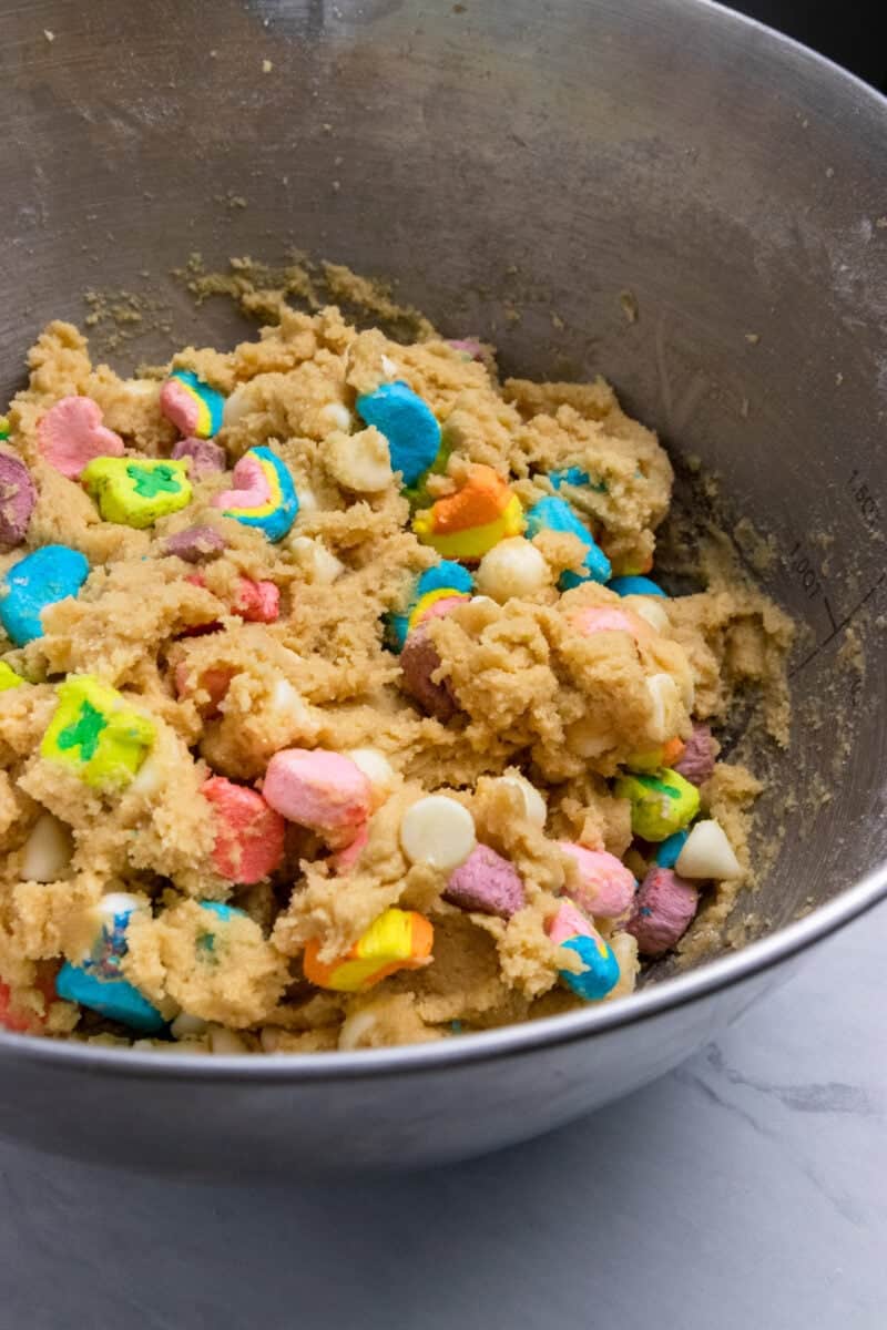 Lucky charm cookie dough in mixing bowl.