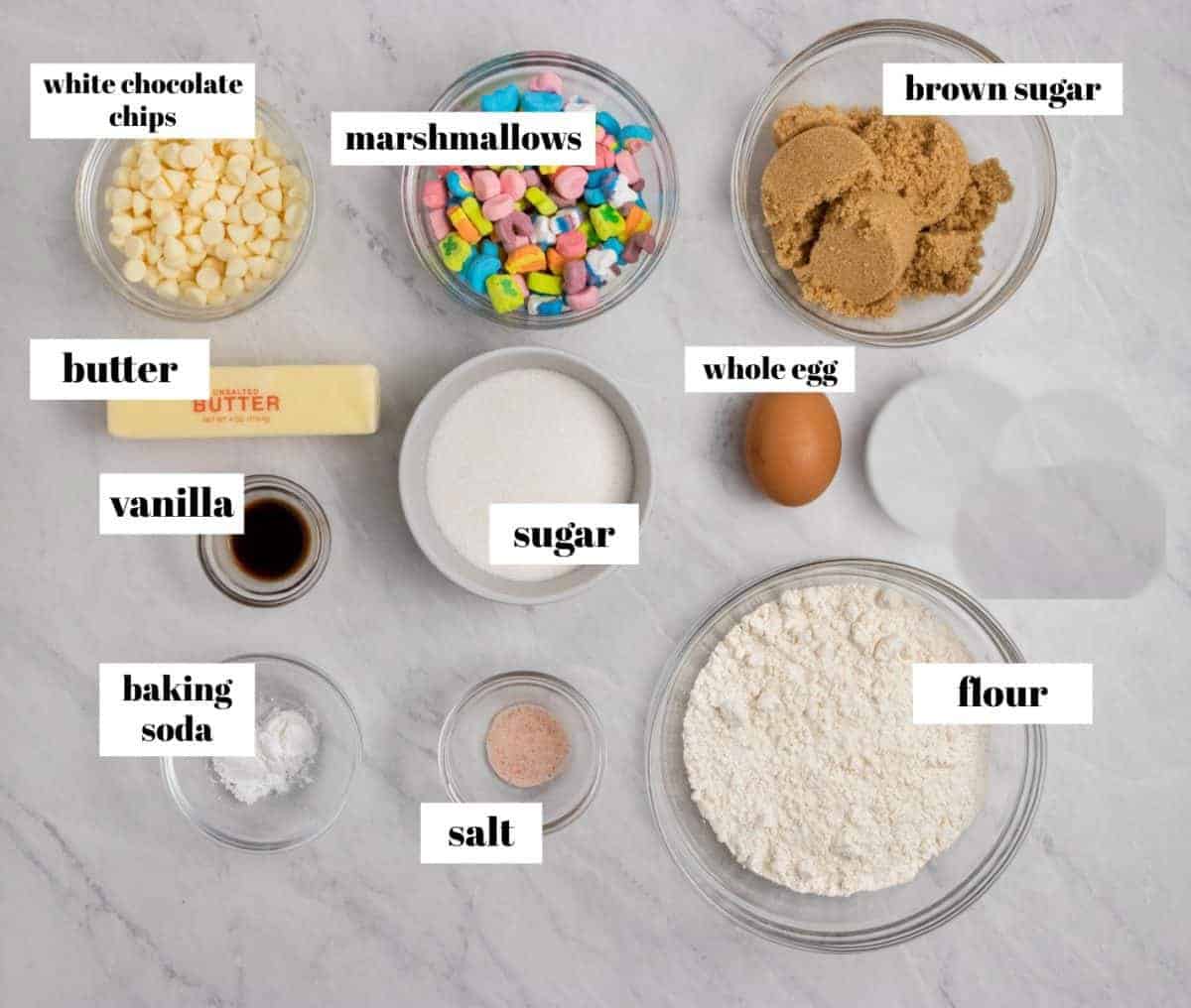 Ingredients needed to make lucky charm cookies.