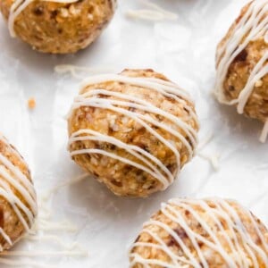 Mango bites with white chocolate drizzle.