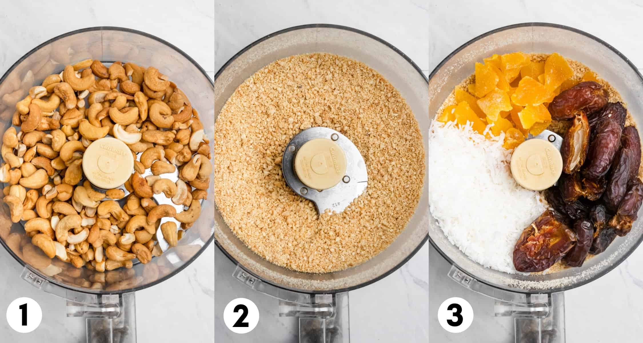 Cashews, coconut, dates and ingredients in food processor.