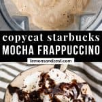 Frappuccino in blender and in glass with whipped cream.
