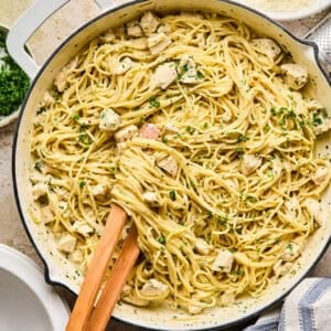 Pot with chicken Alfredo topped with parsley.