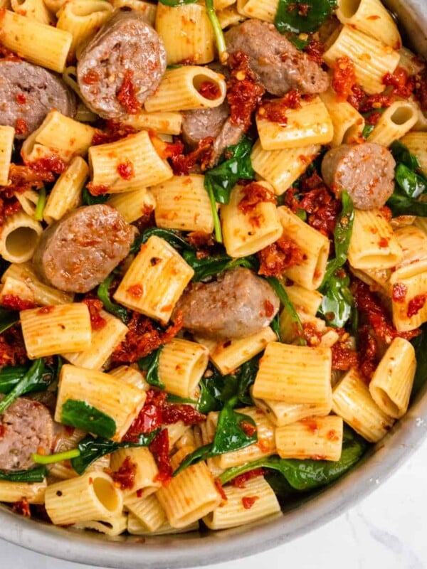 Skillet with pasta, Italian Sausage and sun dried tomatoes.
