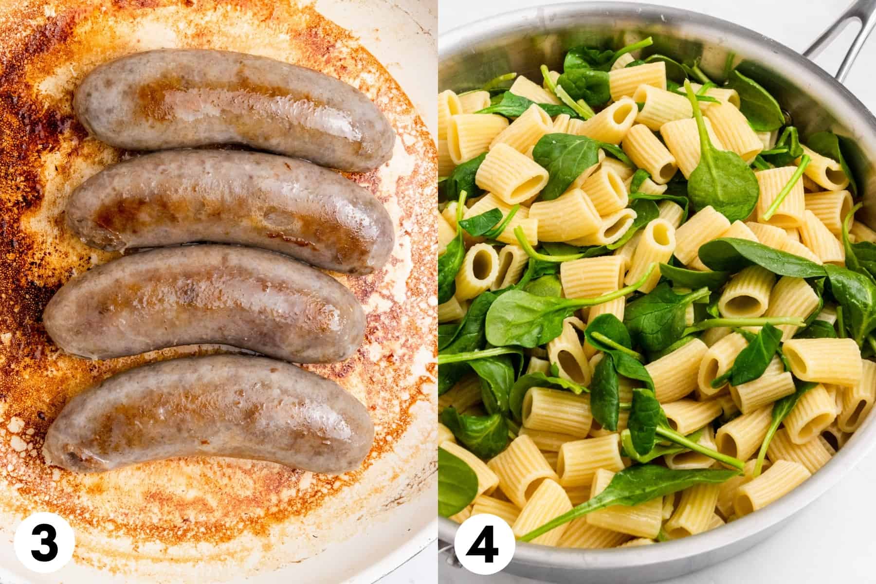 Italian sausages cooked in skillet and pasta in separate skillet with spinach.
