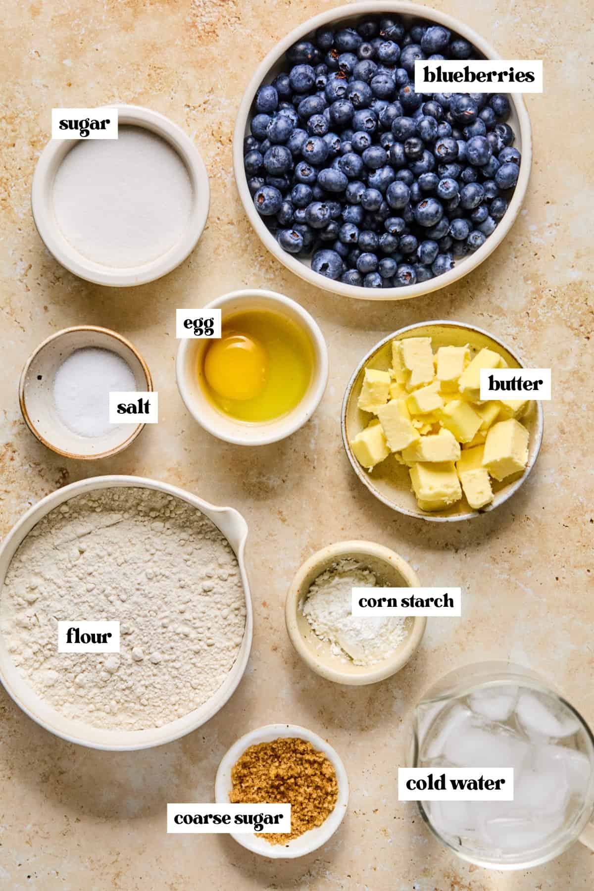 Blueberries, butter, flour and other ingredients labeled on surface.