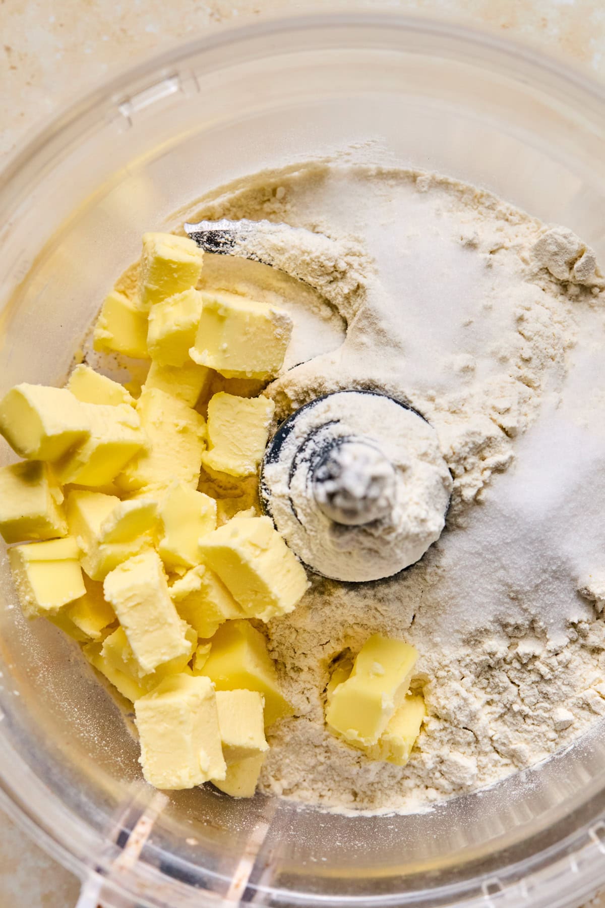 Butter, salt, flour and sugar in food processor.