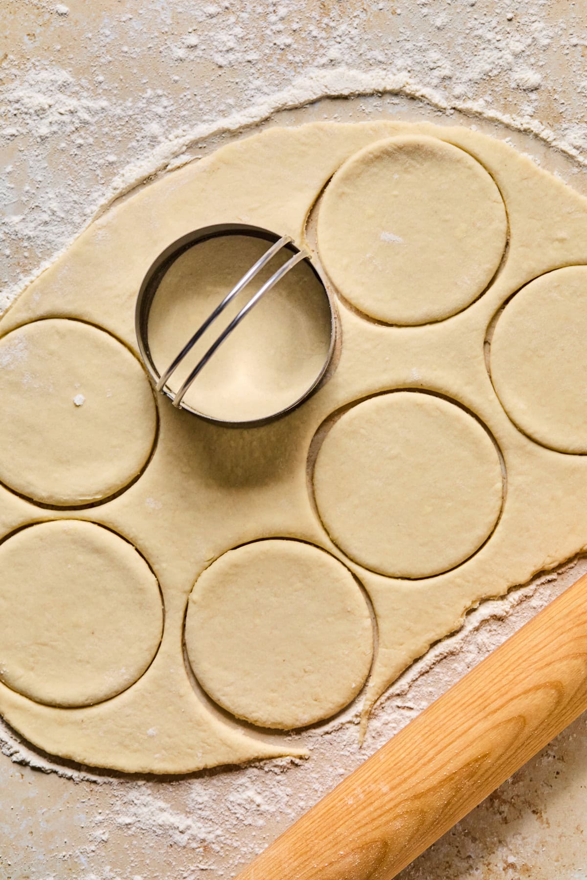Biscuit cutter pressed into dough to make circles.