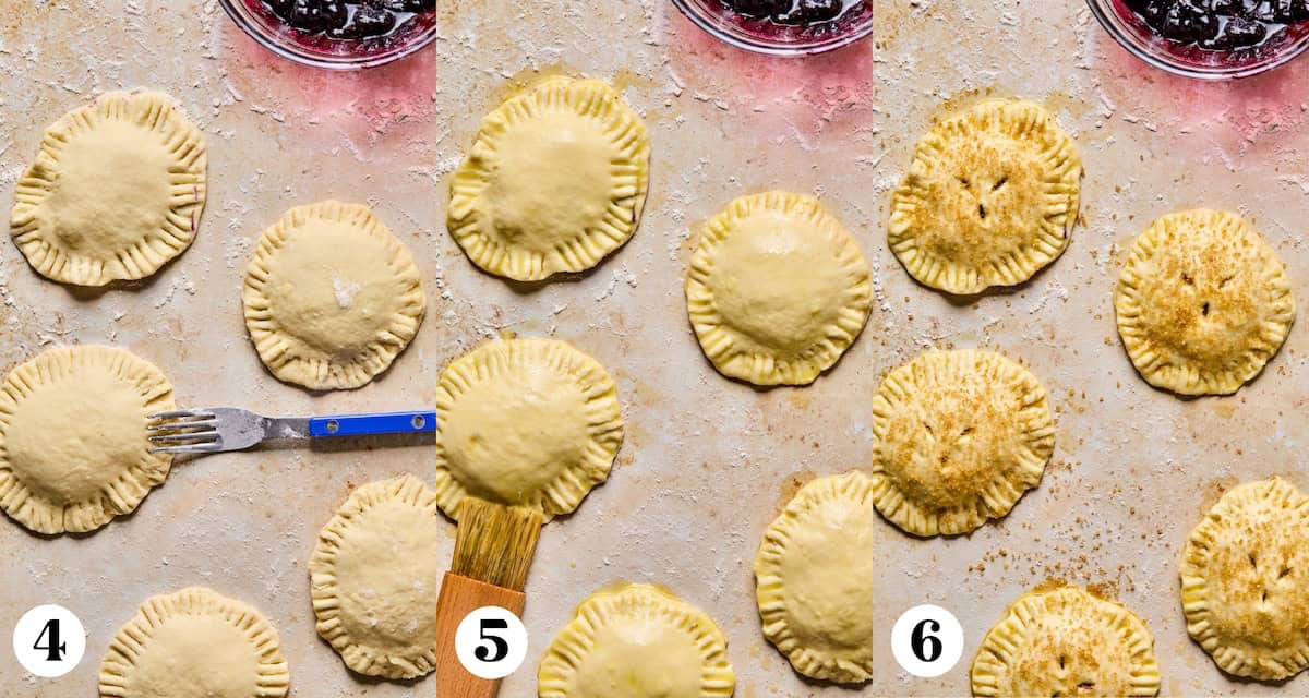 Step by step images showing hand pie crust being crimped and brushed with egg wash.