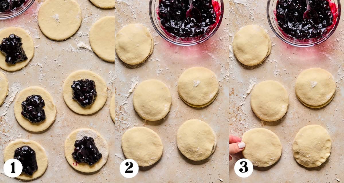 Pie crust being filled with blueberry pie filling and then covered.