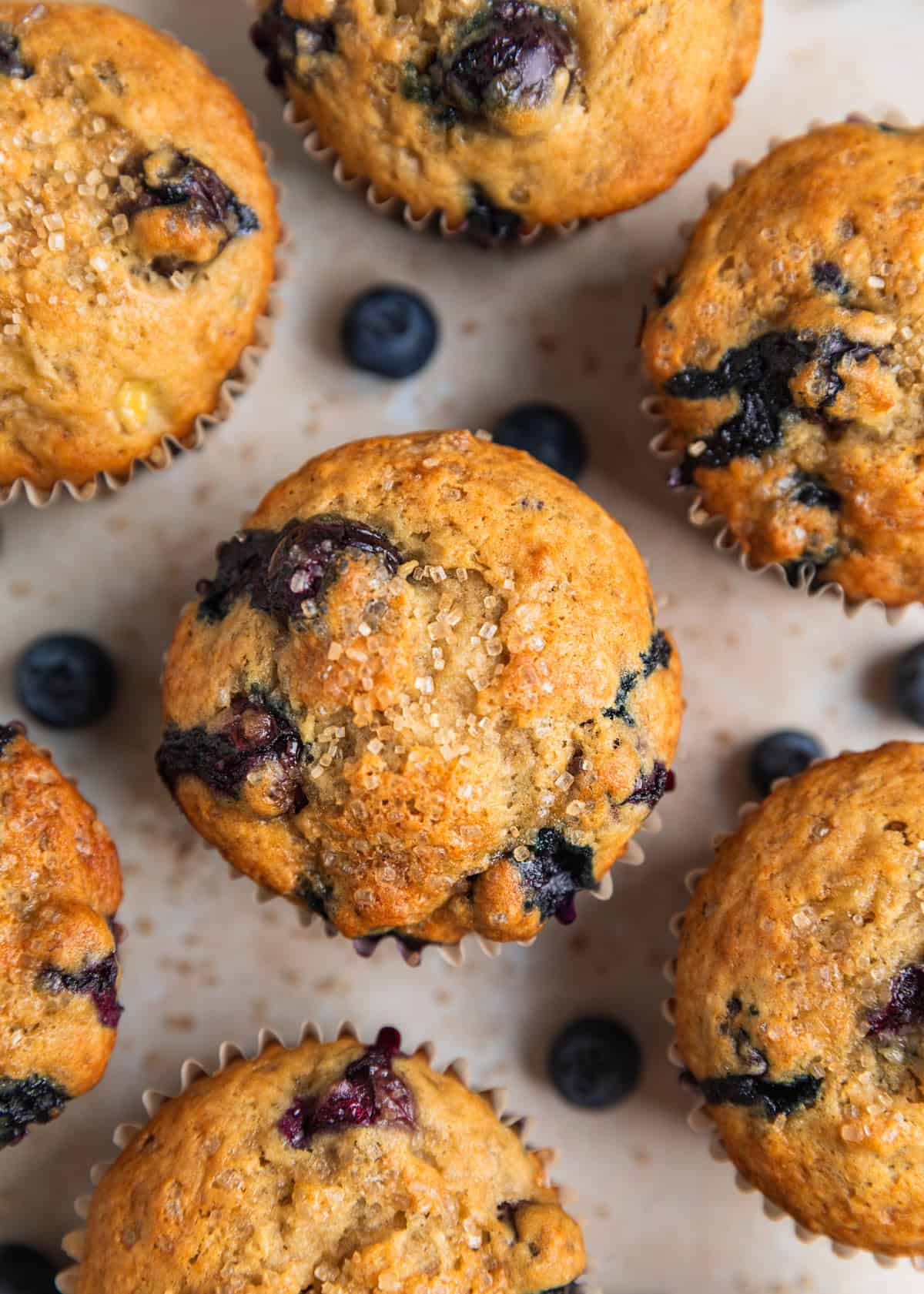 Overhead view of baked banana blueberry muffins on surface with coarse sugar and berries surrounding.