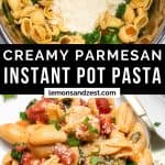 Ingredients in Instant Pot and pasta on plate.