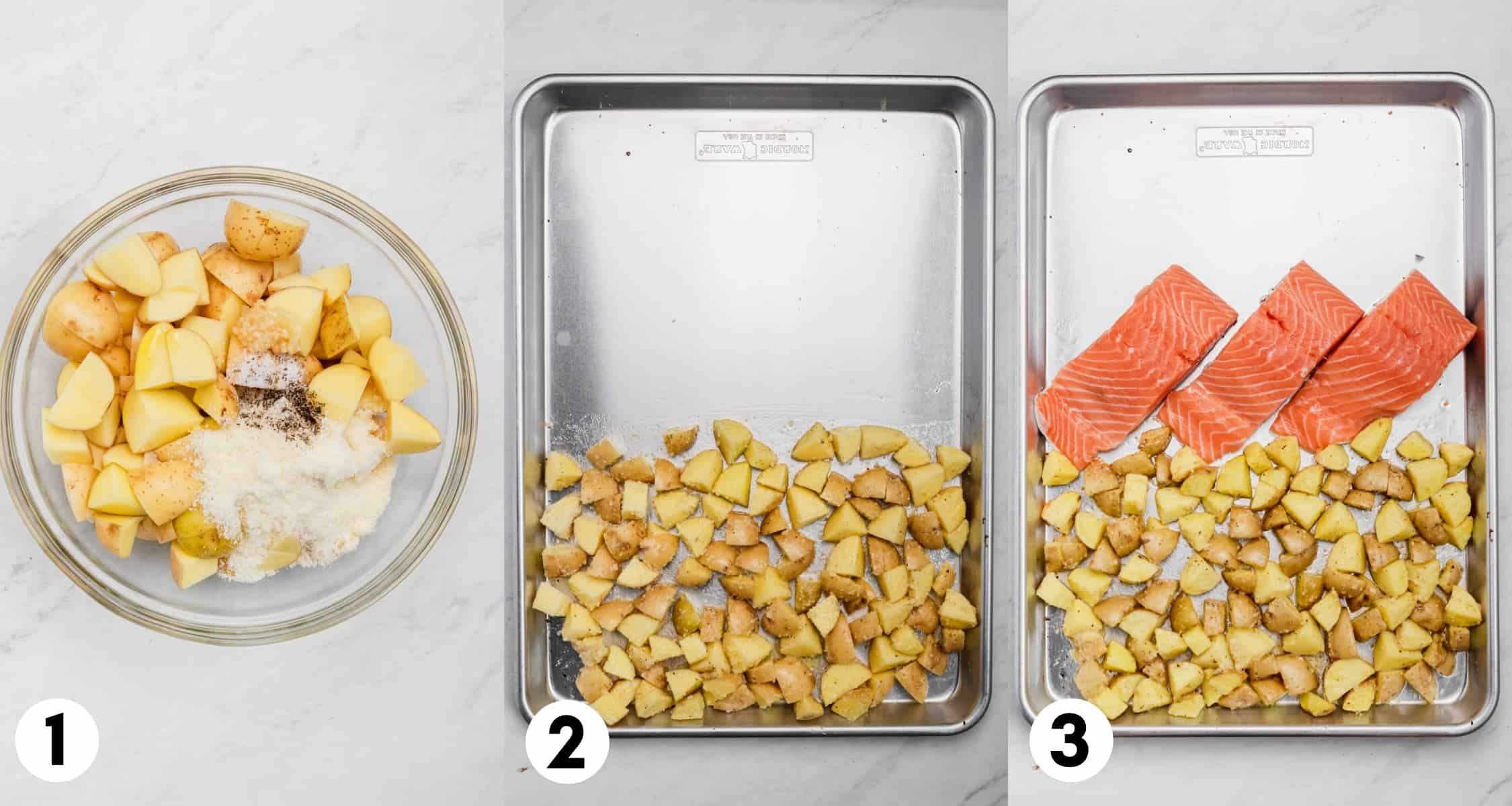 Potatoes in bowl and then on sheet pan with salmon.